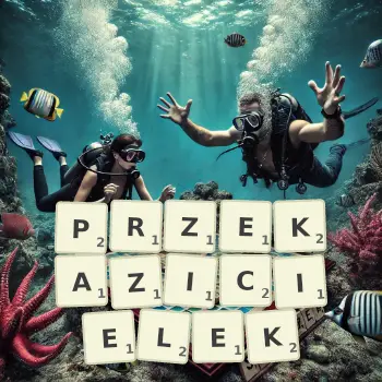 Kreatywna ilustracja do gry w Scrabble ze słowem PRZEKAZICIELEK ułożonym z płytek na planszy.