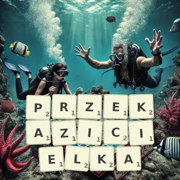 Kreatywna ilustracja do gry w Scrabble ze słowem PRZEKAZICIELKA ułożonym z płytek na planszy.