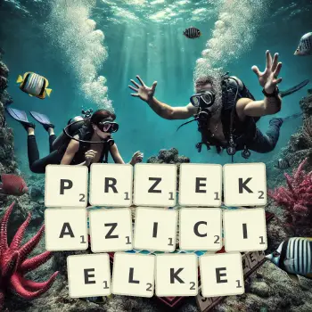 Kreatywna ilustracja do gry w Scrabble ze słowem PRZEKAZICIELKE ułożonym z płytek na planszy.