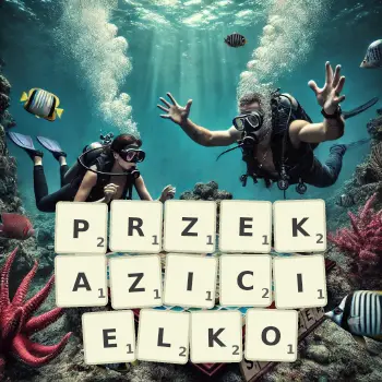 Kreatywna ilustracja do gry w Scrabble ze słowem PRZEKAZICIELKO ułożonym z płytek na planszy.