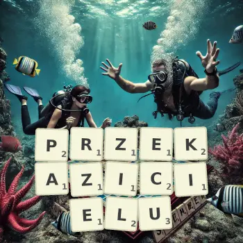 Kreatywna ilustracja do gry w Scrabble ze słowem PRZEKAZICIELU ułożonym z płytek na planszy.