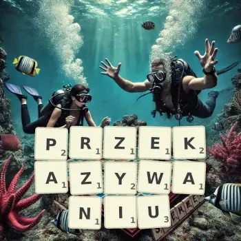 Kreatywna ilustracja do gry w Scrabble ze słowem PRZEKAZYWANIU ułożonym z płytek na planszy.
