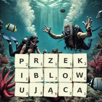 Kreatywna ilustracja do gry w Scrabble ze słowem PRZEKIBLOWUJĄCA ułożonym z płytek na planszy.