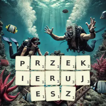 Kreatywna ilustracja do gry w Scrabble ze słowem PRZEKIERUJESZ ułożonym z płytek na planszy.