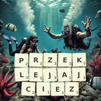 Kreatywna ilustracja do gry w Scrabble ze słowem PRZEKLEJAJCIEZ ułożonym z płytek na planszy.