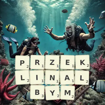Kreatywna ilustracja do gry w Scrabble ze słowem PRZEKLINALBYM ułożonym z płytek na planszy.