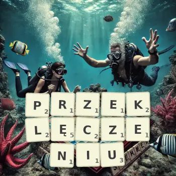 Kreatywna ilustracja do gry w Scrabble ze słowem PRZEKLĘCZENIU ułożonym z płytek na planszy.
