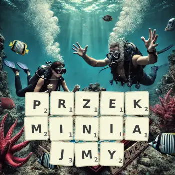 Kreatywna ilustracja do gry w Scrabble ze słowem PRZEKMINIAJMY ułożonym z płytek na planszy.