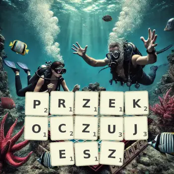 Kreatywna ilustracja do gry w Scrabble ze słowem PRZEKOCZUJESZ ułożonym z płytek na planszy.