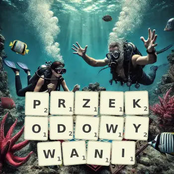 Kreatywna ilustracja do gry w Scrabble ze słowem PRZEKODOWYWANI ułożonym z płytek na planszy.