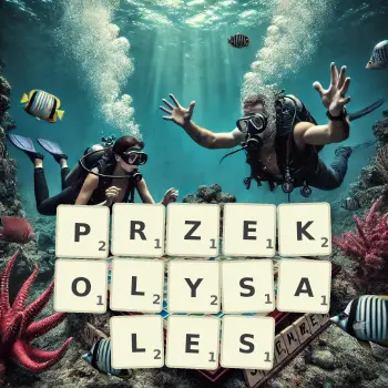Kreatywna ilustracja do gry w Scrabble ze słowem PRZEKOLYSALES ułożonym z płytek na planszy.