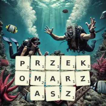 Kreatywna ilustracja do gry w Scrabble ze słowem PRZEKOMARZASZ ułożonym z płytek na planszy.