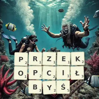 Kreatywna ilustracja do gry w Scrabble ze słowem PRZEKOPCIŁBYŚ ułożonym z płytek na planszy.