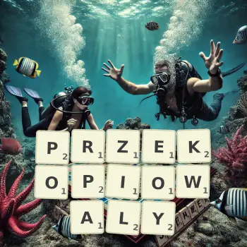 Kreatywna ilustracja do gry w Scrabble ze słowem PRZEKOPIOWALY ułożonym z płytek na planszy.