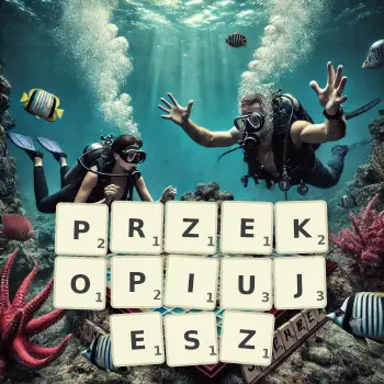 Kreatywna ilustracja do gry w Scrabble ze słowem PRZEKOPIUJESZ ułożonym z płytek na planszy.