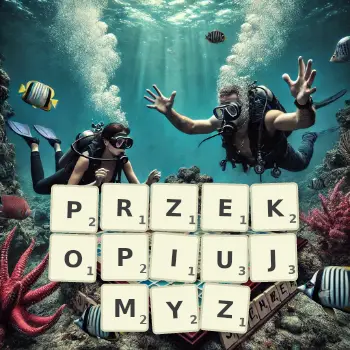 Kreatywna ilustracja do gry w Scrabble ze słowem PRZEKOPIUJMYZ ułożonym z płytek na planszy.