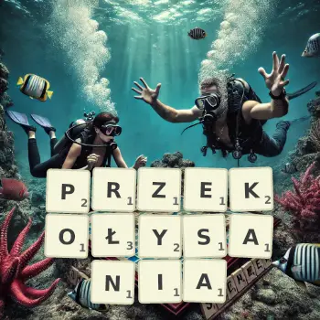 Kreatywna ilustracja do gry w Scrabble ze słowem PRZEKOŁYSANIA ułożonym z płytek na planszy.