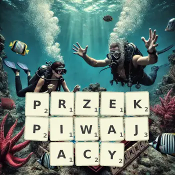 Kreatywna ilustracja do gry w Scrabble ze słowem PRZEKPIWAJACY ułożonym z płytek na planszy.