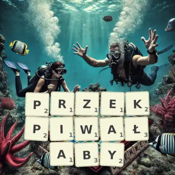 Kreatywna ilustracja do gry w Scrabble ze słowem PRZEKPIWAŁABY ułożonym z płytek na planszy.