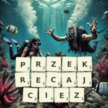 Kreatywna ilustracja do gry w Scrabble ze słowem PRZEKRECAJCIEZ ułożonym z płytek na planszy.