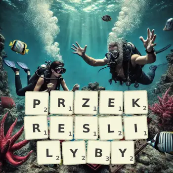 Kreatywna ilustracja do gry w Scrabble ze słowem PRZEKRESLILYBY ułożonym z płytek na planszy.