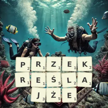 Kreatywna ilustracja do gry w Scrabble ze słowem PRZEKREŚLAJŻE ułożonym z płytek na planszy.