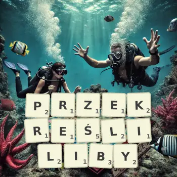 Kreatywna ilustracja do gry w Scrabble ze słowem PRZEKREŚLILIBY ułożonym z płytek na planszy.