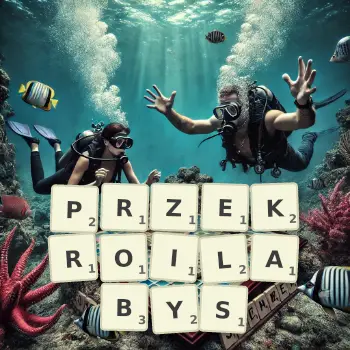 Kreatywna ilustracja do gry w Scrabble ze słowem PRZEKROILABYS ułożonym z płytek na planszy.