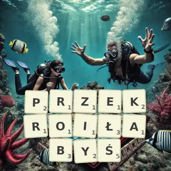 Kreatywna ilustracja do gry w Scrabble ze słowem PRZEKROIŁABYŚ ułożonym z płytek na planszy.