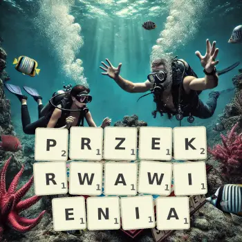 Kreatywna ilustracja do gry w Scrabble ze słowem PRZEKRWAWIENIA ułożonym z płytek na planszy.