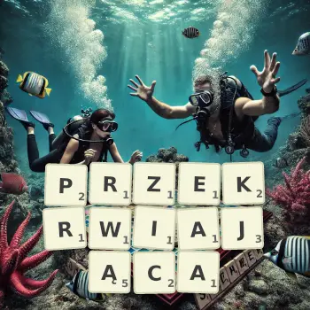 Kreatywna ilustracja do gry w Scrabble ze słowem PRZEKRWIAJĄCA ułożonym z płytek na planszy.