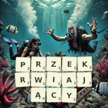 Kreatywna ilustracja do gry w Scrabble ze słowem PRZEKRWIAJĄCY ułożonym z płytek na planszy.