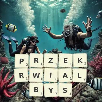 Kreatywna ilustracja do gry w Scrabble ze słowem PRZEKRWIALBYS ułożonym z płytek na planszy.