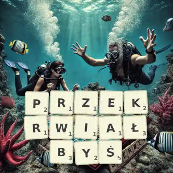 Kreatywna ilustracja do gry w Scrabble ze słowem PRZEKRWIAŁBYŚ ułożonym z płytek na planszy.