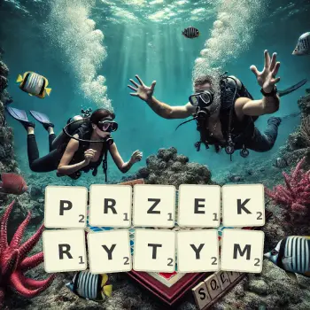 Kreatywna ilustracja do gry w Scrabble ze słowem PRZEKRYTYM ułożonym z płytek na planszy.
