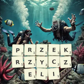 Kreatywna ilustracja do gry w Scrabble ze słowem PRZEKRZYCZELI ułożonym z płytek na planszy.