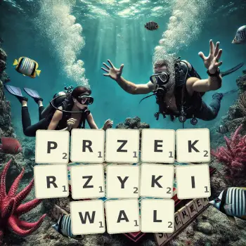 Kreatywna ilustracja do gry w Scrabble ze słowem PRZEKRZYKIWAL ułożonym z płytek na planszy.