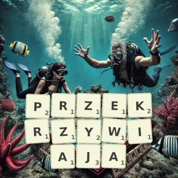 Kreatywna ilustracja do gry w Scrabble ze słowem PRZEKRZYWIAJA ułożonym z płytek na planszy.