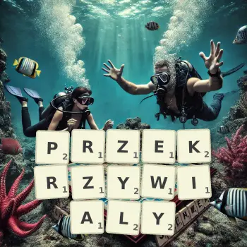 Kreatywna ilustracja do gry w Scrabble ze słowem PRZEKRZYWIALY ułożonym z płytek na planszy.
