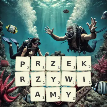 Kreatywna ilustracja do gry w Scrabble ze słowem PRZEKRZYWIAMY ułożonym z płytek na planszy.