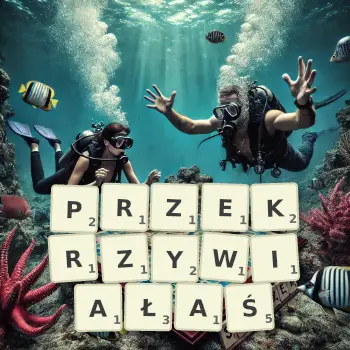 Kreatywna ilustracja do gry w Scrabble ze słowem PRZEKRZYWIAŁAŚ ułożonym z płytek na planszy.