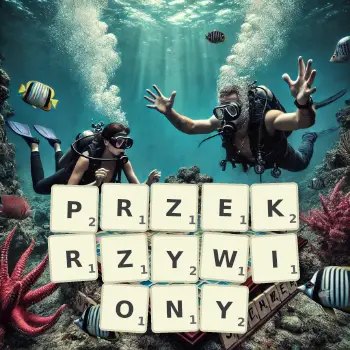 Kreatywna ilustracja do gry w Scrabble ze słowem PRZEKRZYWIONY ułożonym z płytek na planszy.