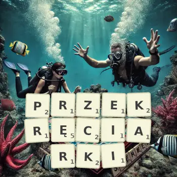 Kreatywna ilustracja do gry w Scrabble ze słowem PRZEKRĘCIARKI ułożonym z płytek na planszy.