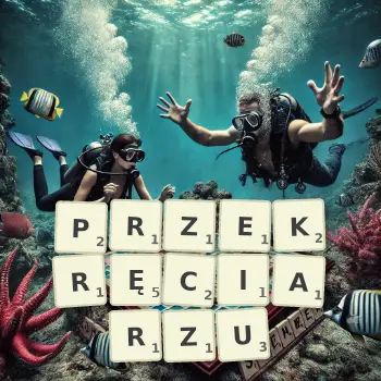Kreatywna ilustracja do gry w Scrabble ze słowem PRZEKRĘCIARZU ułożonym z płytek na planszy.