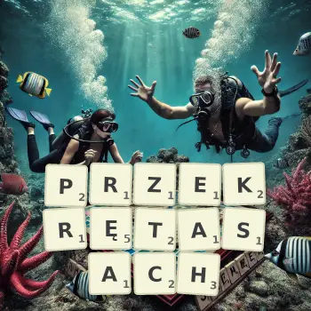 Kreatywna ilustracja do gry w Scrabble ze słowem PRZEKRĘTASACH ułożonym z płytek na planszy.