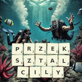 Kreatywna ilustracja do gry w Scrabble ze słowem PRZEKSZTALCILY ułożonym z płytek na planszy.