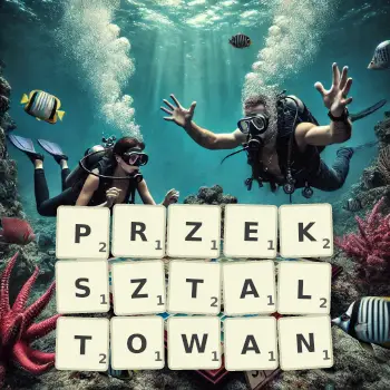Kreatywna ilustracja do gry w Scrabble ze słowem PRZEKSZTALTOWAN ułożonym z płytek na planszy.