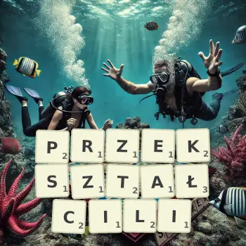 Kreatywna ilustracja do gry w Scrabble ze słowem PRZEKSZTAŁCILI ułożonym z płytek na planszy.