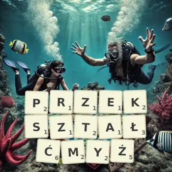Kreatywna ilustracja do gry w Scrabble ze słowem PRZEKSZTAŁĆMYŻ ułożonym z płytek na planszy.