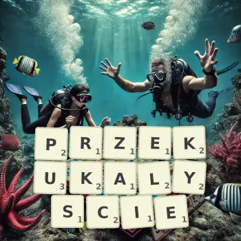Kreatywna ilustracja do gry w Scrabble ze słowem PRZEKUKALYSCIE ułożonym z płytek na planszy.